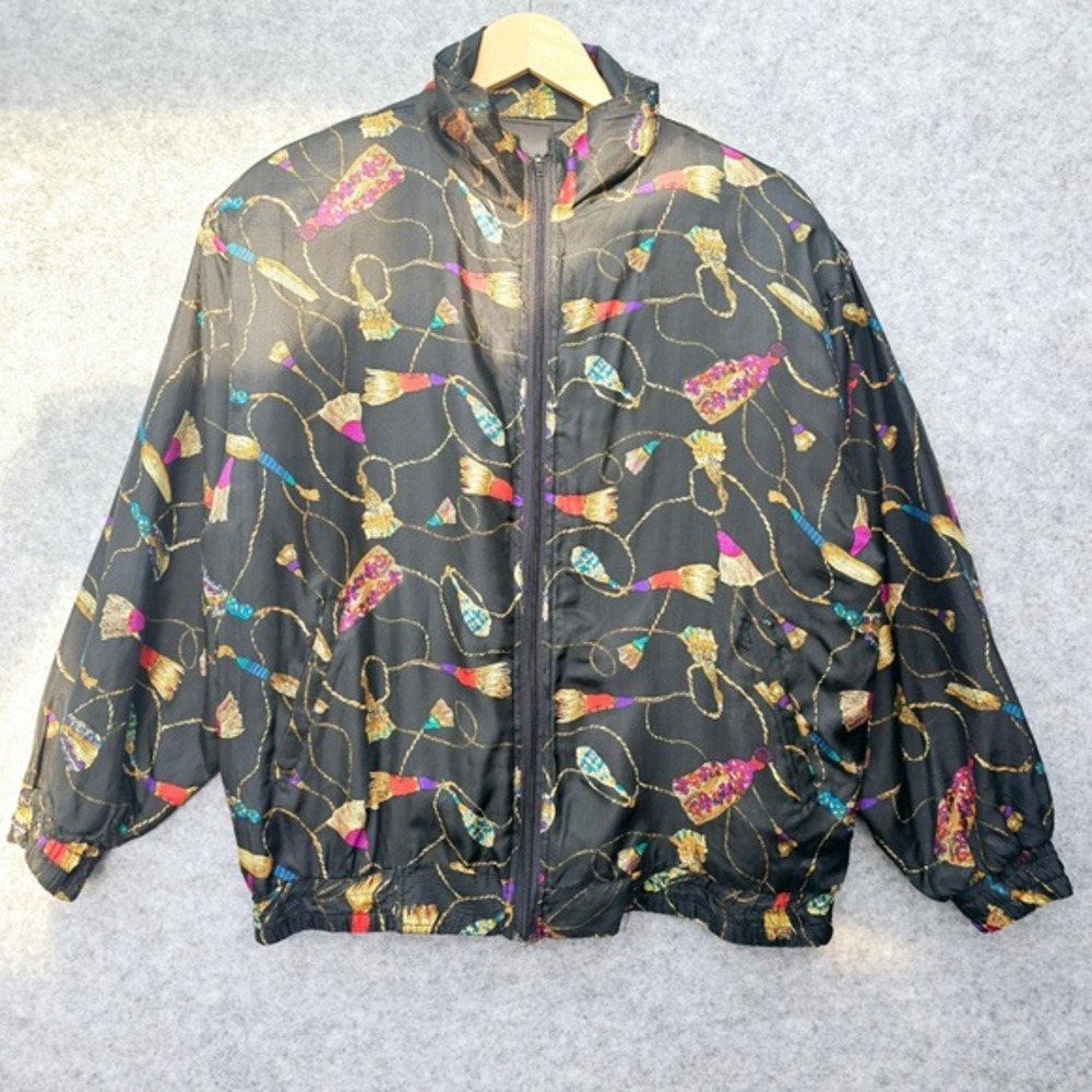 Vintage 90s Bomber Silk‎ Jacket Adult M Black Tassels Ropes Full Zip SILK ROAD